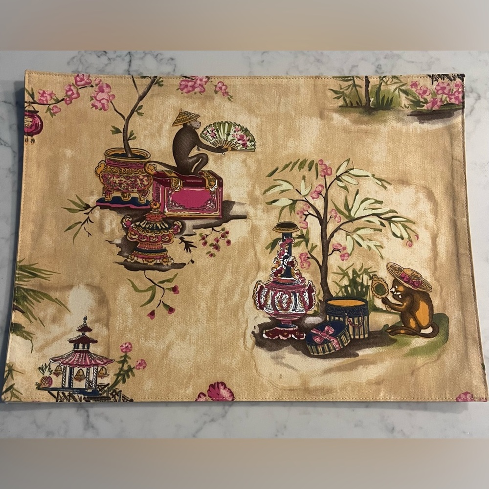 New Rose Tree Monkey Chinoiserie Design Set of 3 Fabric Placemats